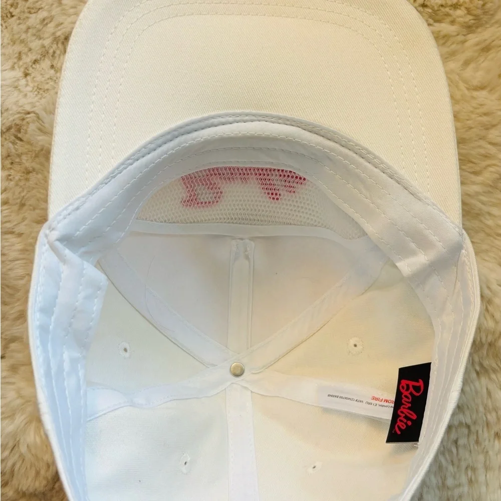 Pink and White Embroidered Barbie Logo 5 Panel Adjustable Hat Cap